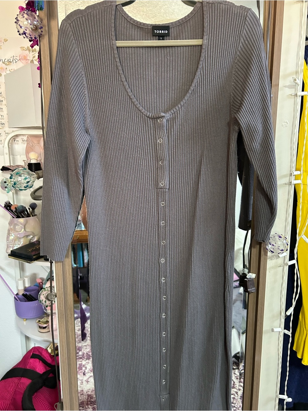 torrid taupe ribbed button-front long sleeve midi dress
